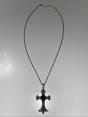 Long Vintage Silver Cross Necklace with Stones